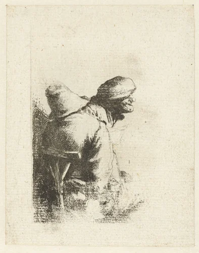 Man zittend op rug gezien, vrouwen- of mannenhoofd met muts by Cornelis Pietersz. Bega, print, 1642-1664