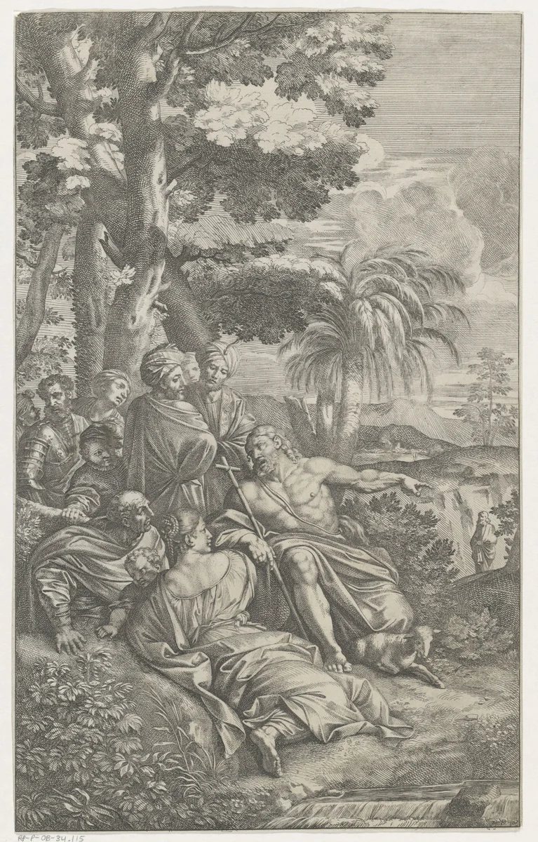 Johannes predikend by Pietro Sante Bartoli, print, 1645-1700