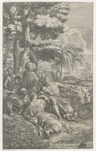 Johannes predikend by Pietro Sante Bartoli, print, 1645-1700