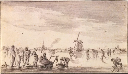 Winter Landscape with Skaters and Fishermen by Jan van Goyen, drawing, 1647