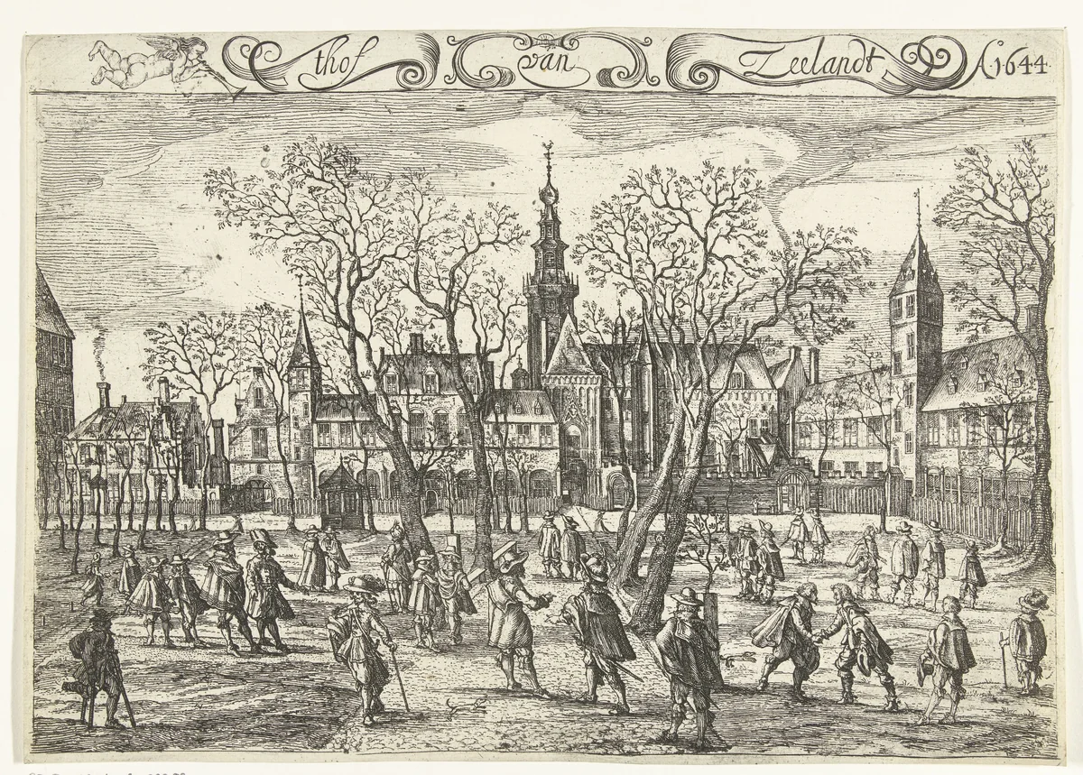 Het Hof van Zeeland te Middelburg, 1644 by Balthasar Florisz. van Berckenrode, print, 1644