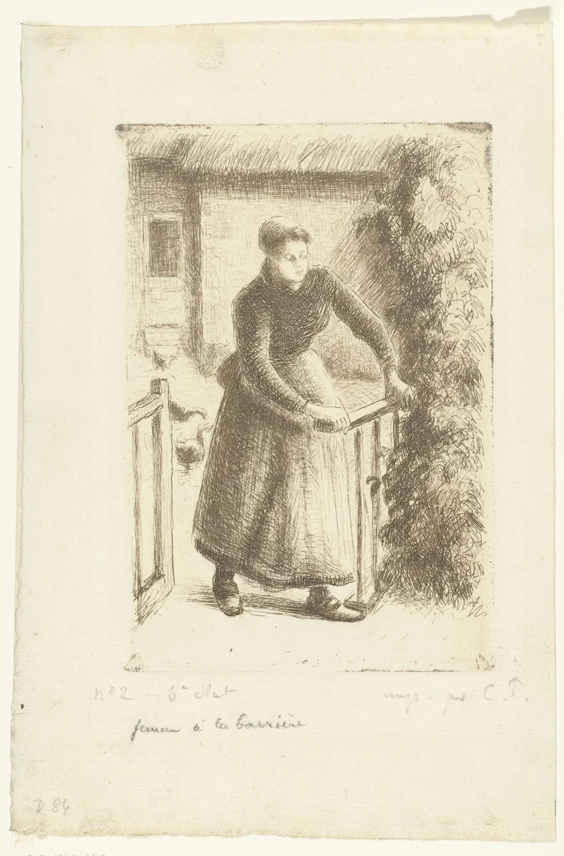 Vrouw bij een hekje by Camille Pissarro, print, 1889