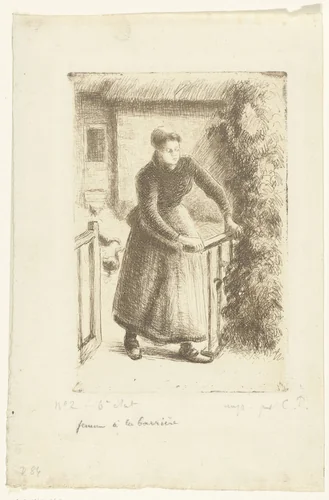 Vrouw bij een hekje by Camille Pissarro, print, 1889