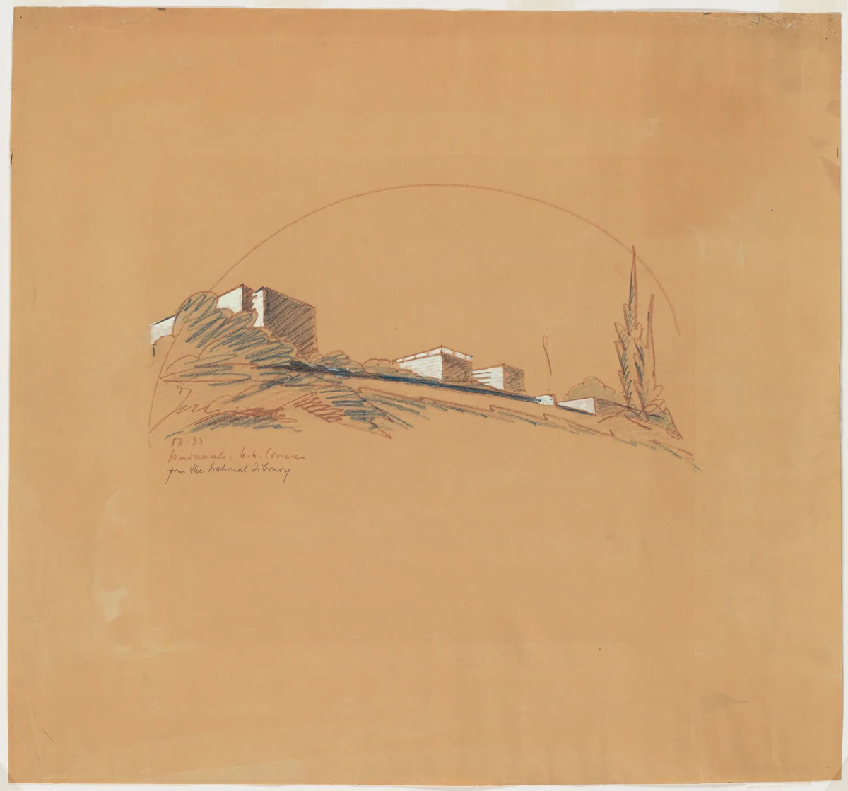 Hadassah University Medical Center, Mount Scopus, Jerusalem, View of hospital, north west corner: "From the National Library" by Erich Mendelsohn, architecture, 1935