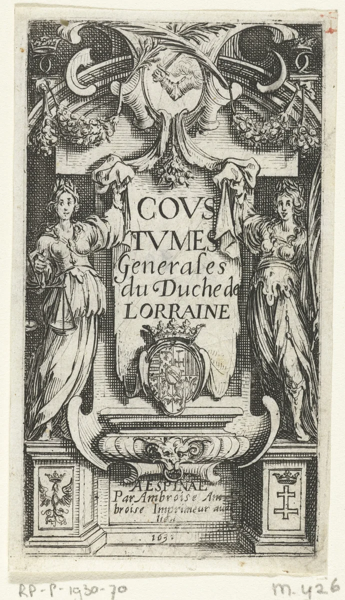 Titelblad voor het boek 'Coustumes Generales du Duche de Lorraine' by Jacques Callot, print, 1631