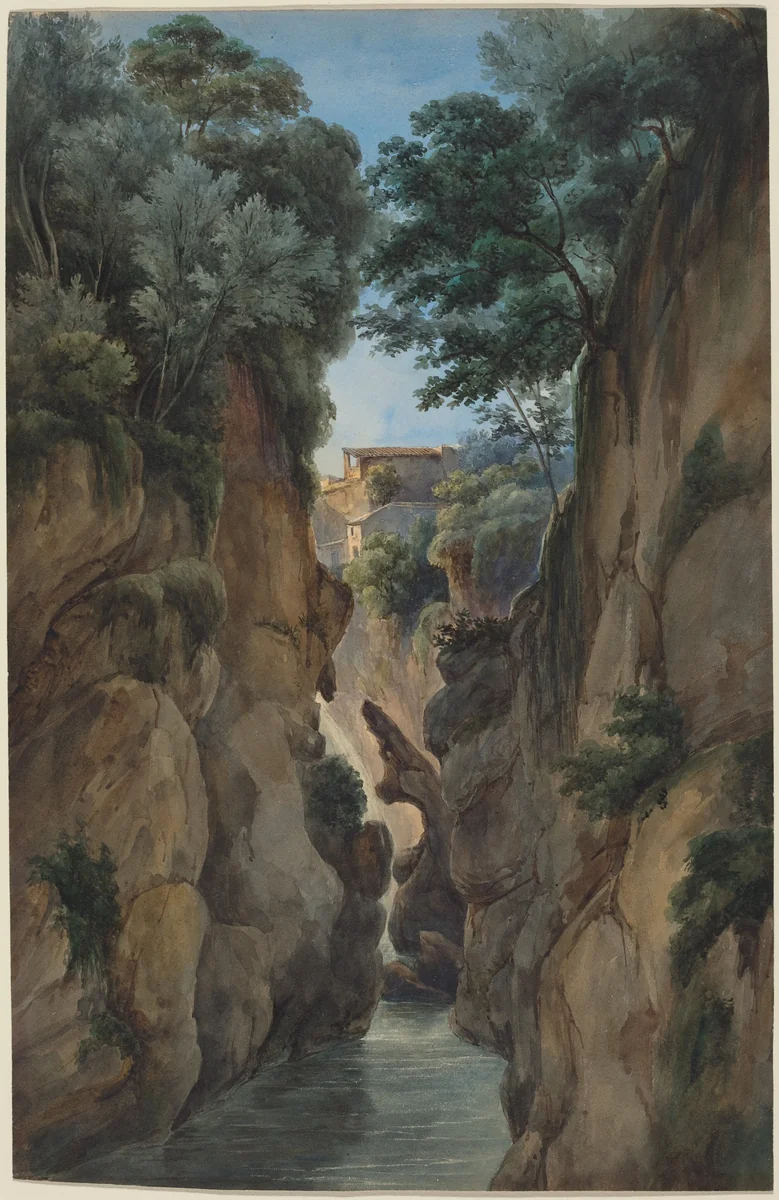 View of a Waterfall through a Ravine by Achille Etna Michallon, drawing, 1796-1822