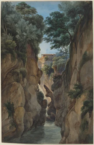 View of a Waterfall through a Ravine by Achille Etna Michallon, drawing, 1796-1822