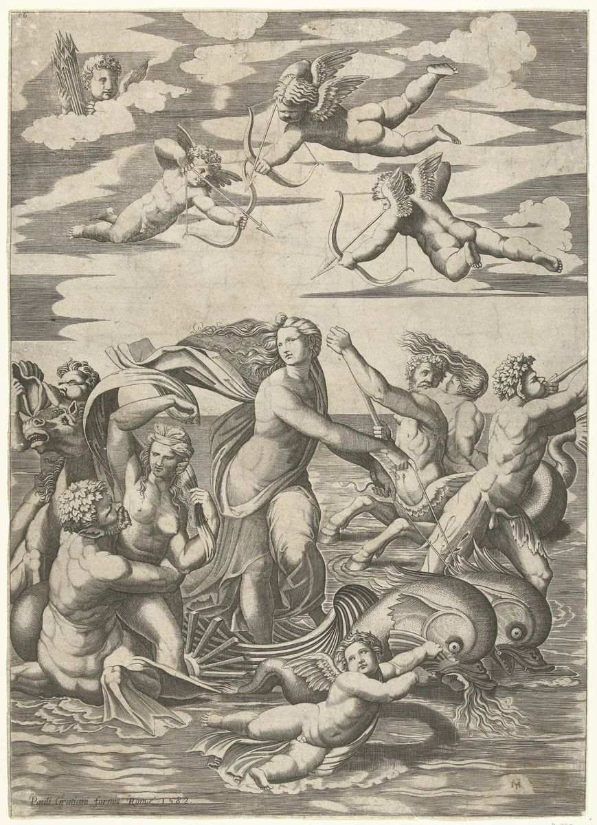 Triomf van Galatea met tritons en nereïden en putti by anonymous, print, 1515-1582