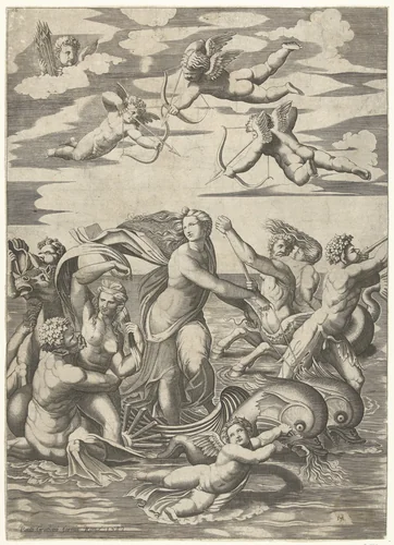 Triomf van Galatea met tritons en nereïden en putti by anonymous, print, 1515-1582