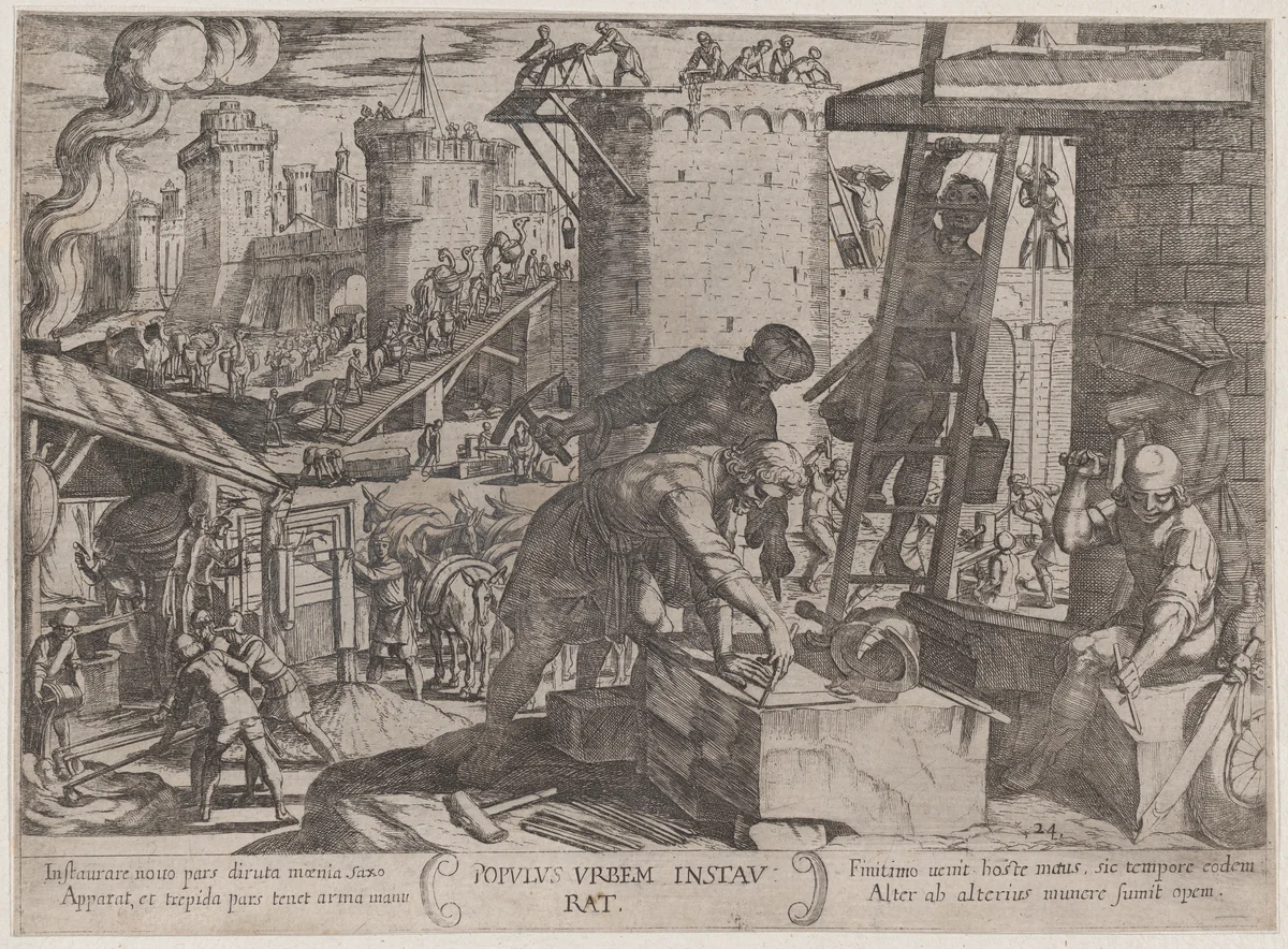 Plate 24: The Israelites Rebuilding the Walls of Jerusalem, from "The Battles of the Old Testament" by Antonio Tempesta, print, 1585-1615