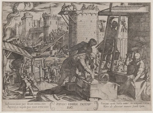 Plate 24: The Israelites Rebuilding the Walls of Jerusalem, from "The Battles of the Old Testament" by Antonio Tempesta, print, 1585-1615