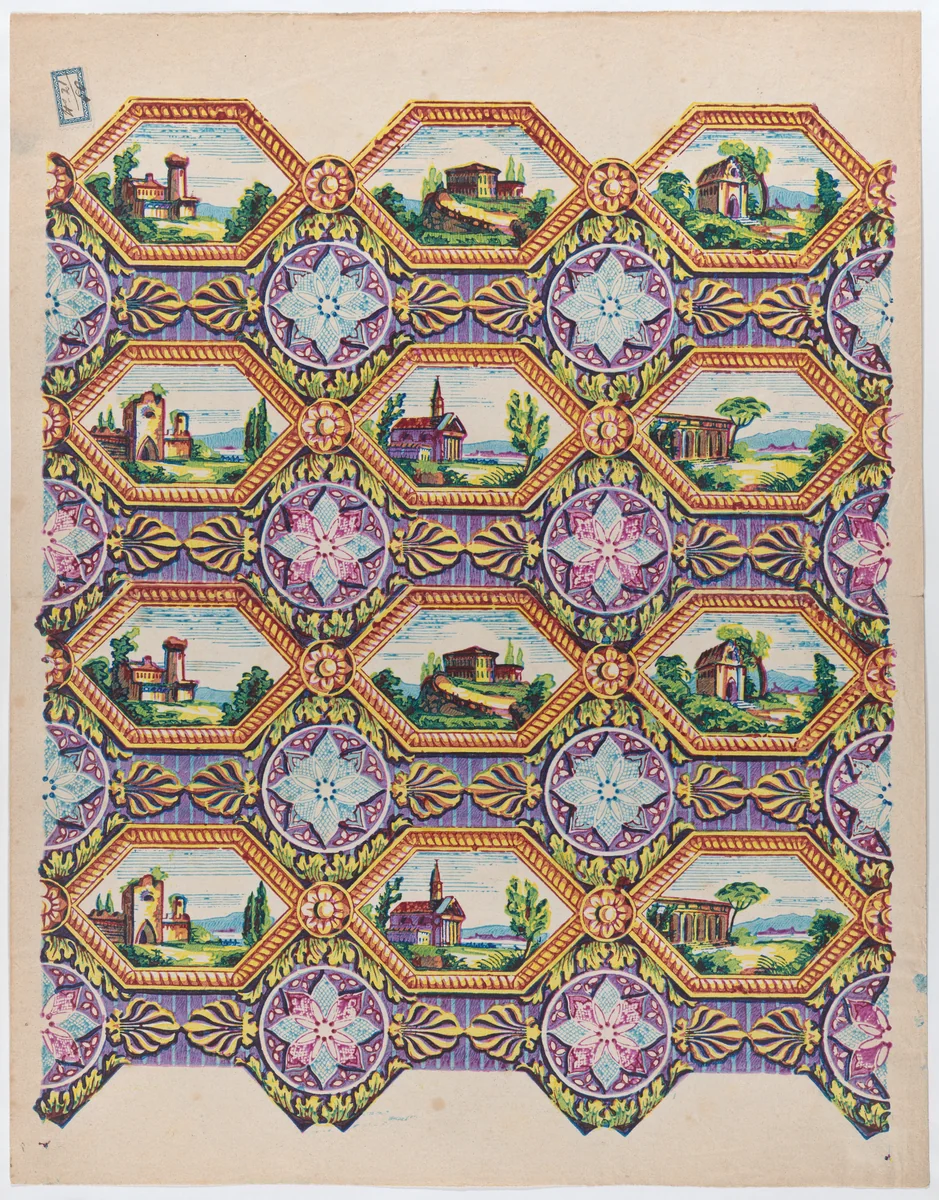Sheet with pattern of brightly colored landscapes in hexagonal frames by anonymous, print, 1775-1875