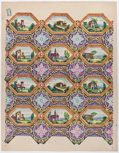 Sheet with pattern of brightly colored landscapes in hexagonal frames by anonymous, print, 1775-1875