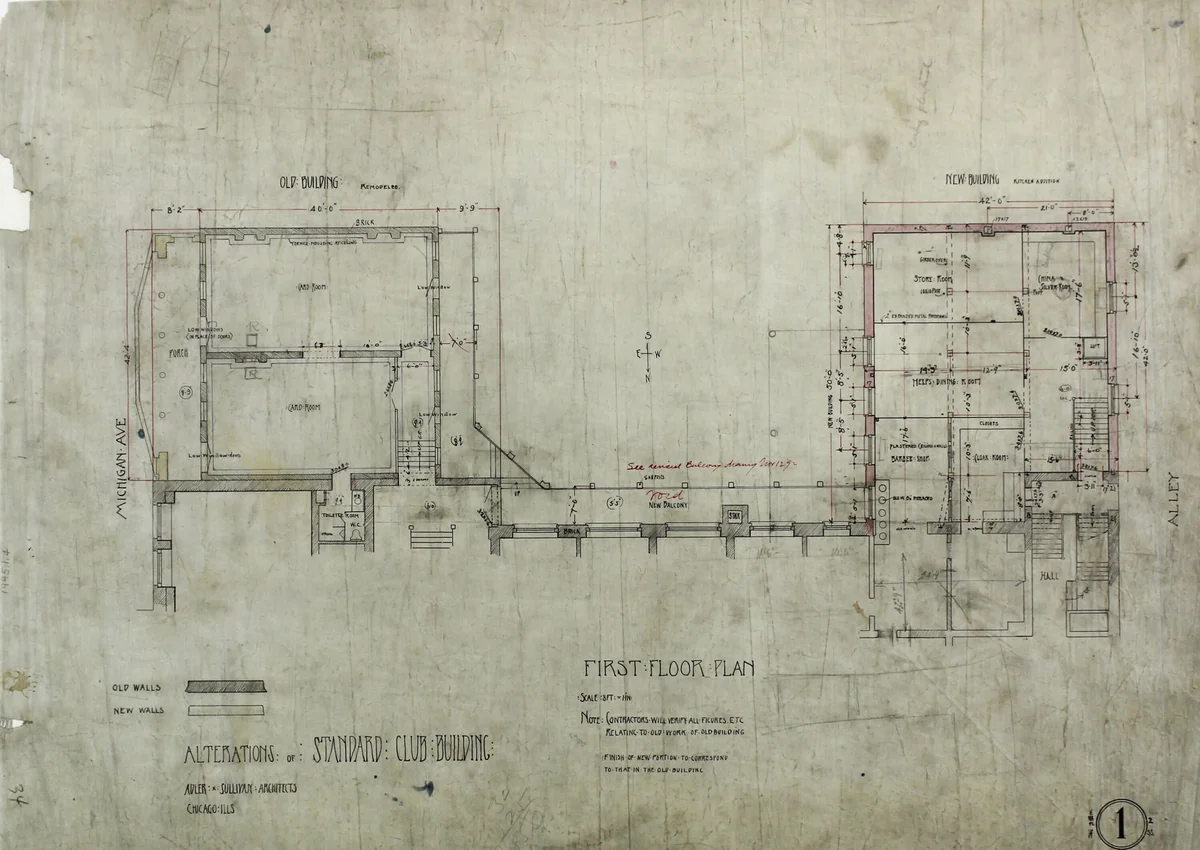 Standard Club Addition and Alterations, Elevations by Adler & Sullivan, drawing, 1892