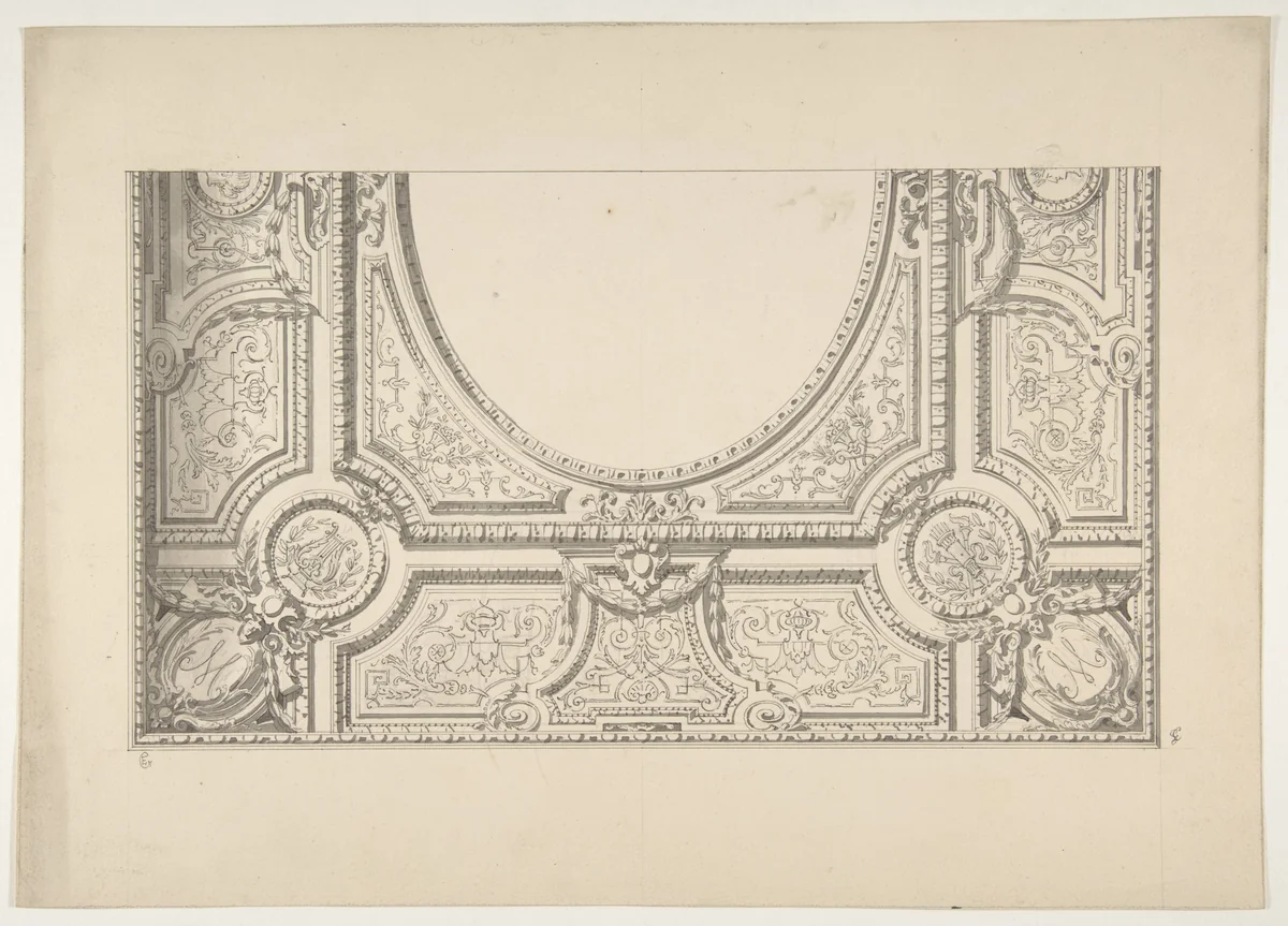 Design for the painted decoration of a ceiling with the monogram: M by Jules-Edmond-Charles Lachaise, drawing, 1830-1897