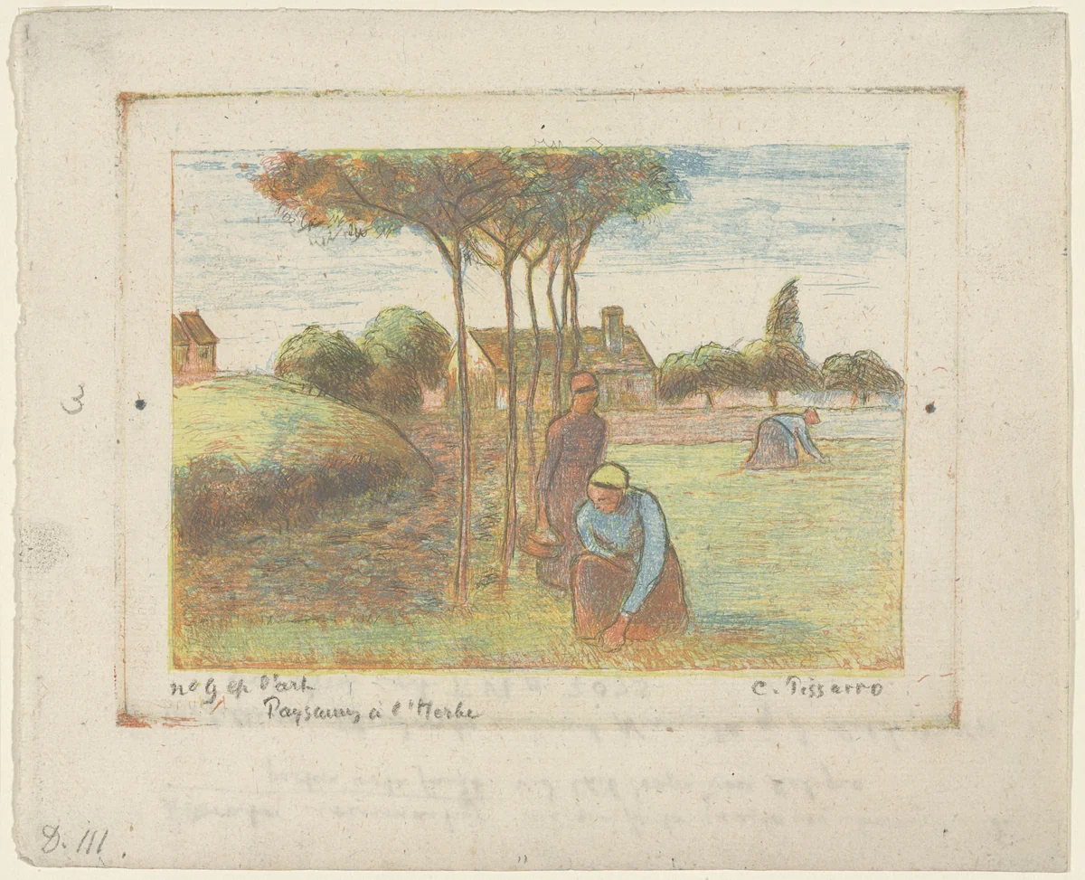 Peasants Cutting Grass by Camille Pissarro, print, 1894