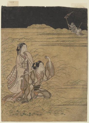 A Young Man and Women in the Moor of Musashino; Parody of the Akuta River episode of the Tale of Ise (Ise monogatari) by Suzuki Harunobu (鈴木春信), print, 1765-1766