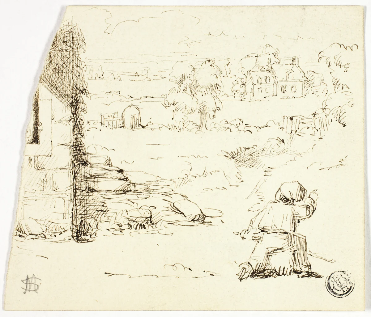 Landscape with Boy in Foreground by Marcus Stone, drawing, 1800-1899