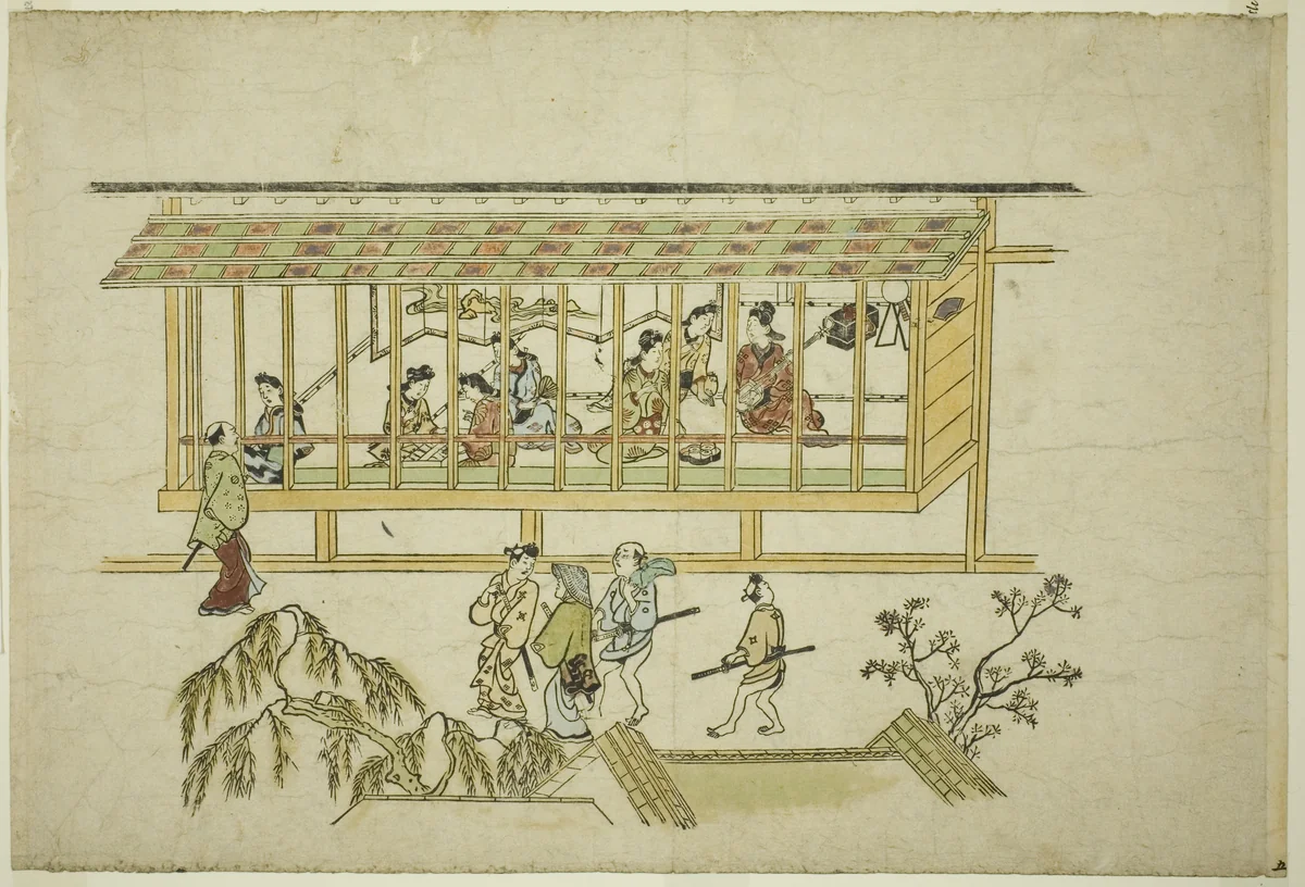 A House of Courtesans, from the series "The Appearance of Yoshiwara (Yoshiwara no tei)" by Hishikawa Moronobu (菱川師宣), print, 1676-1689