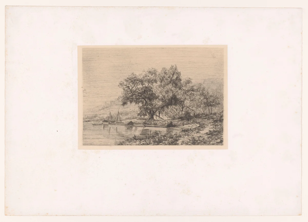 Gezicht op de Maas met enkele boten en een heuvel op de achtergrond by Félix de Baerdemaecker, print, 1874