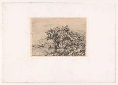 Gezicht op de Maas met enkele boten en een heuvel op de achtergrond by Félix de Baerdemaecker, print, 1874
