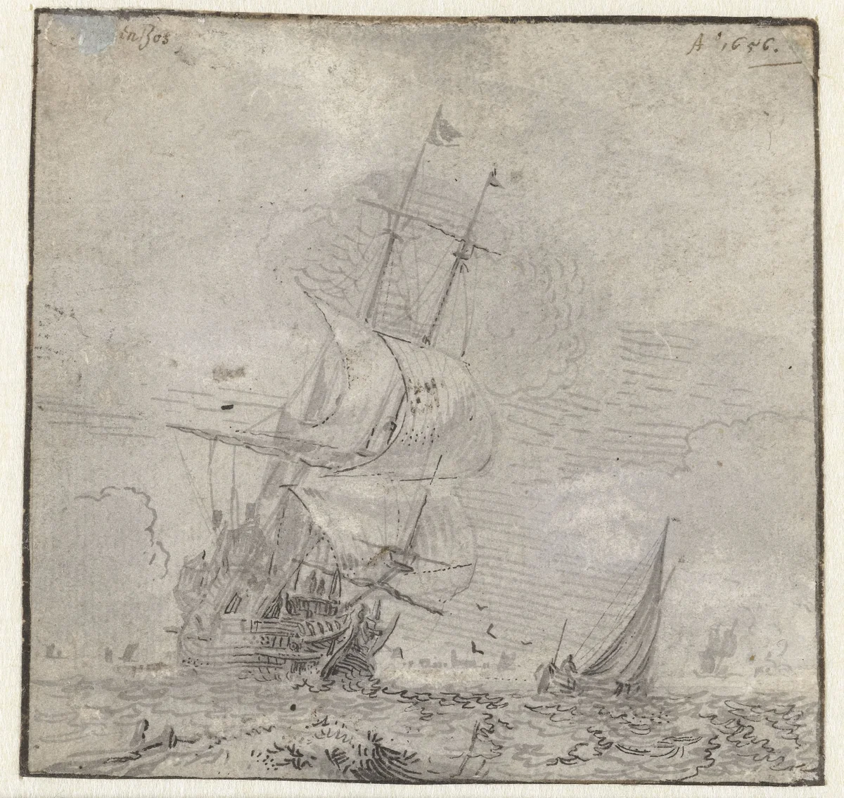 Driemaster met volle zeilen by Caspar van den Bos, drawing, 1656