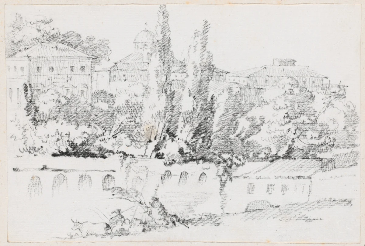 Walls of Rome with Santa Maria del Popolo in the Distance by Joseph-Marie Vien, drawing, 1744-1750