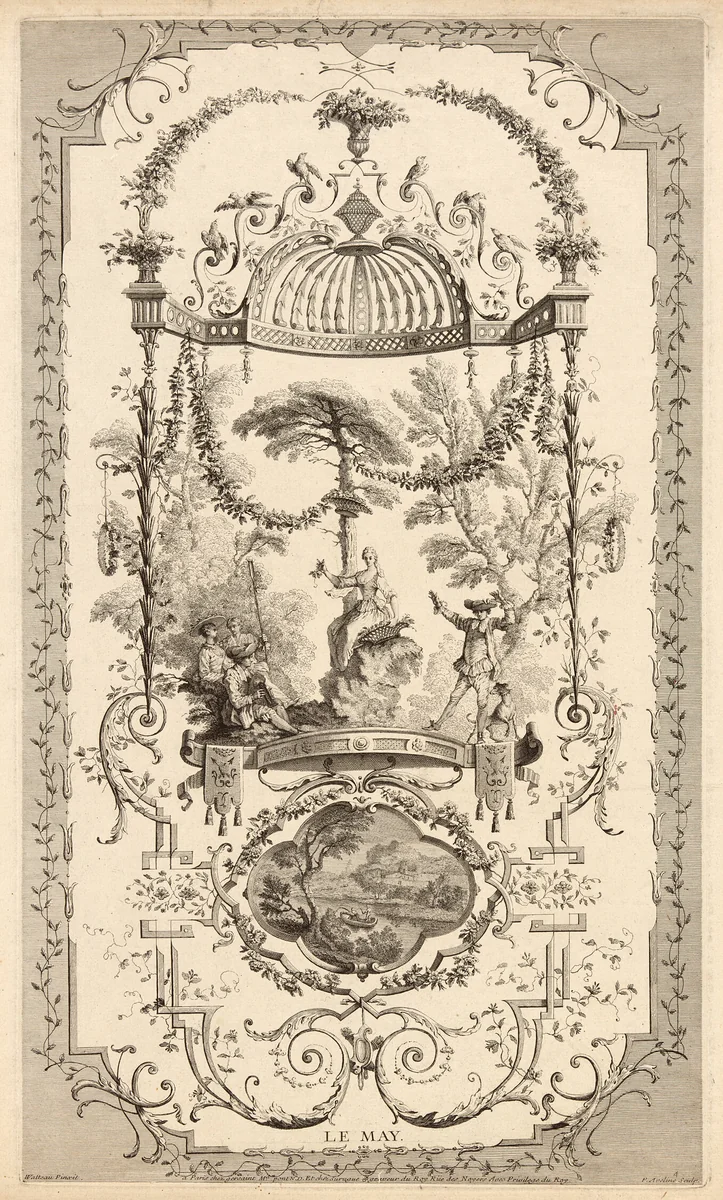 Le May, plate 100 from " L'Oeuvre d'Antoine Watteau" by Pierre Aveline, print, 1729-1731