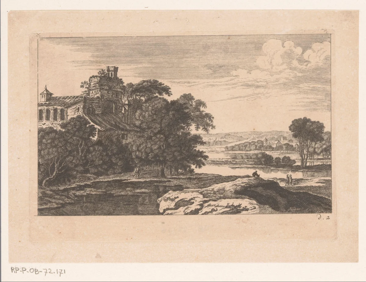 Rivierlandschap met kloosterruïne by Nicolas Perelle, print, 1628-1679
