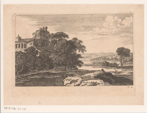 Rivierlandschap met kloosterruïne by Nicolas Perelle, print, 1628-1679