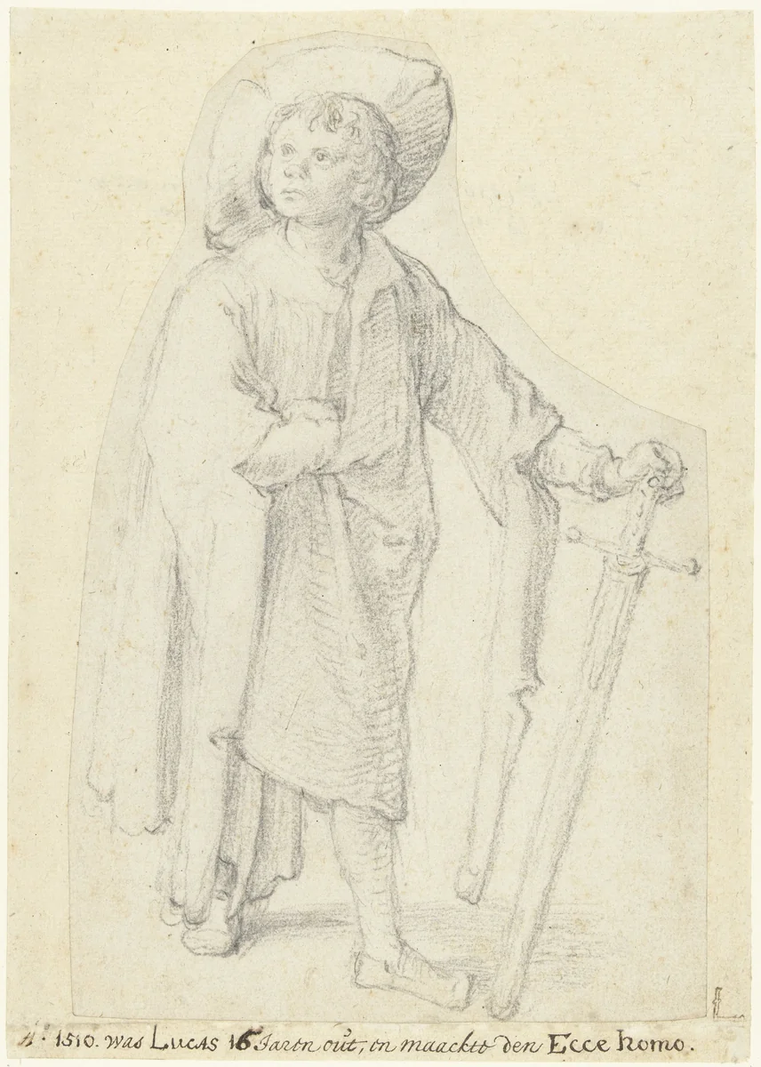 Staande jongen met zwaard by Lucas van Leyden, drawing, 1508-1512