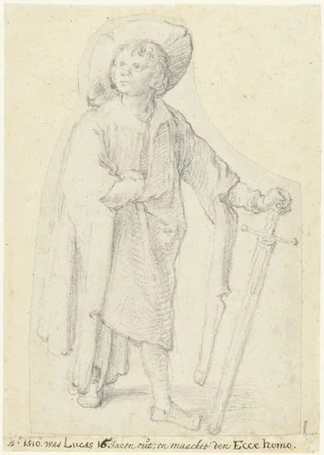 Staande jongen met zwaard by Lucas van Leyden, drawing, 1508-1512
