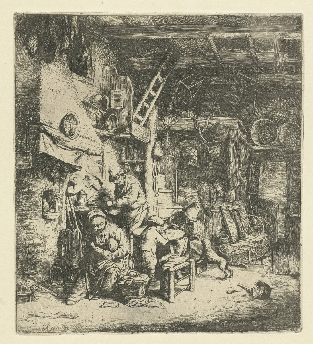 Boerengezin in interieur by anonymous, print, 1647-1745