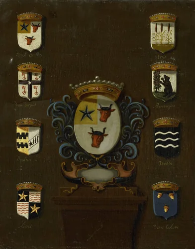 Coat of Arms of Sara van Os, Wife of Jan van Reyersbergh with its eight quarterings by anonymous, painting, 1650-1699