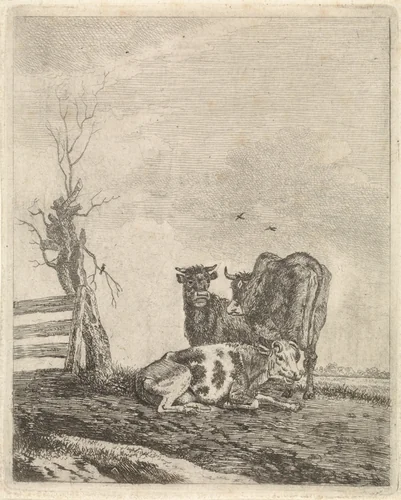 Landschap met drie koeien by Pieter Janson, print, 1780-1851