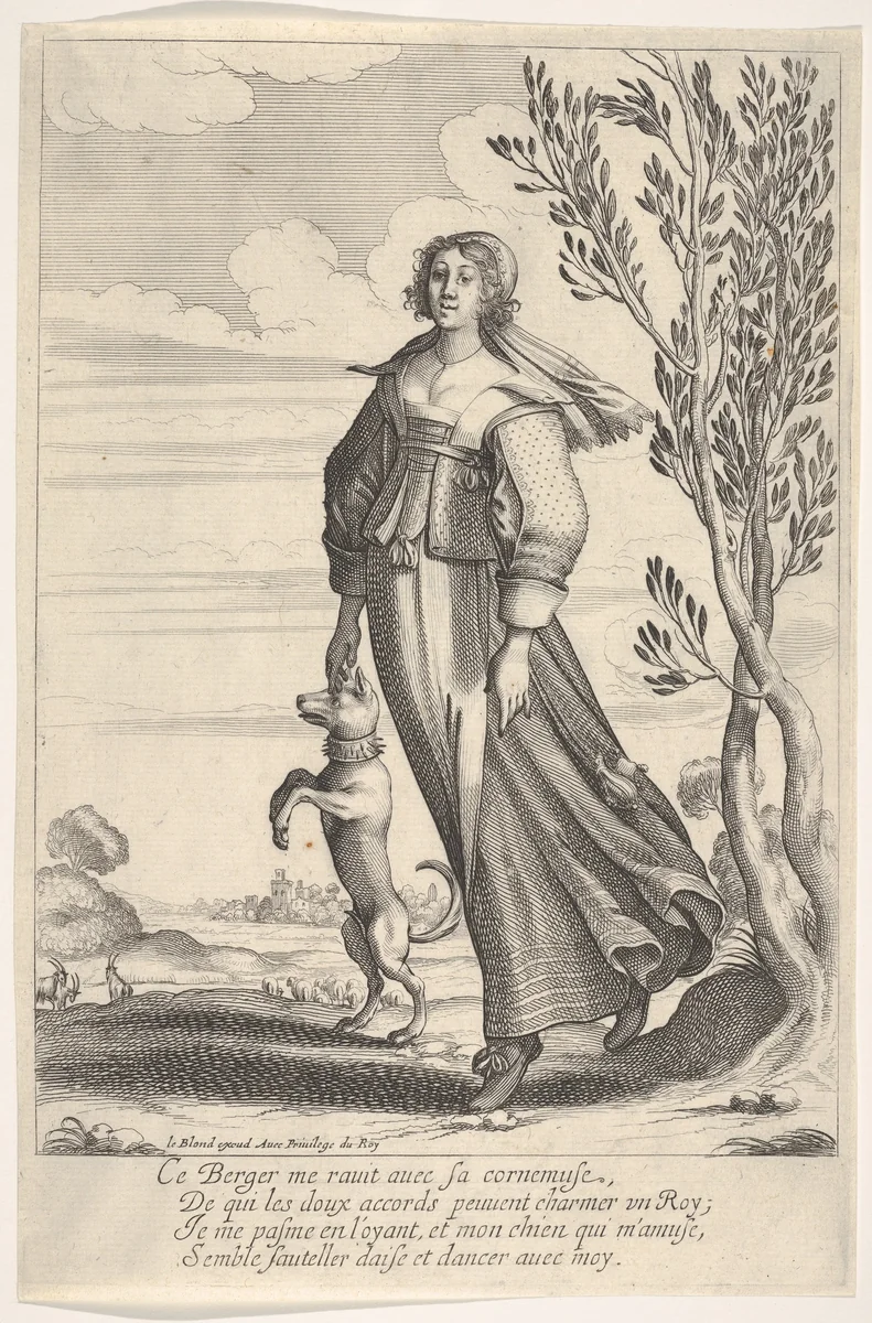A shepherdess, accompanied by her dog, dancing to the sound of a musette by Abraham Bosse, print, 1635-1645