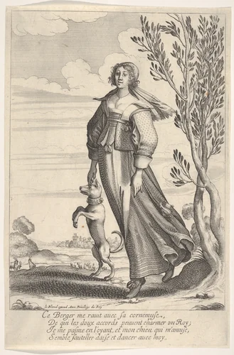 A shepherdess, accompanied by her dog, dancing to the sound of a musette by Abraham Bosse, print, 1635-1645