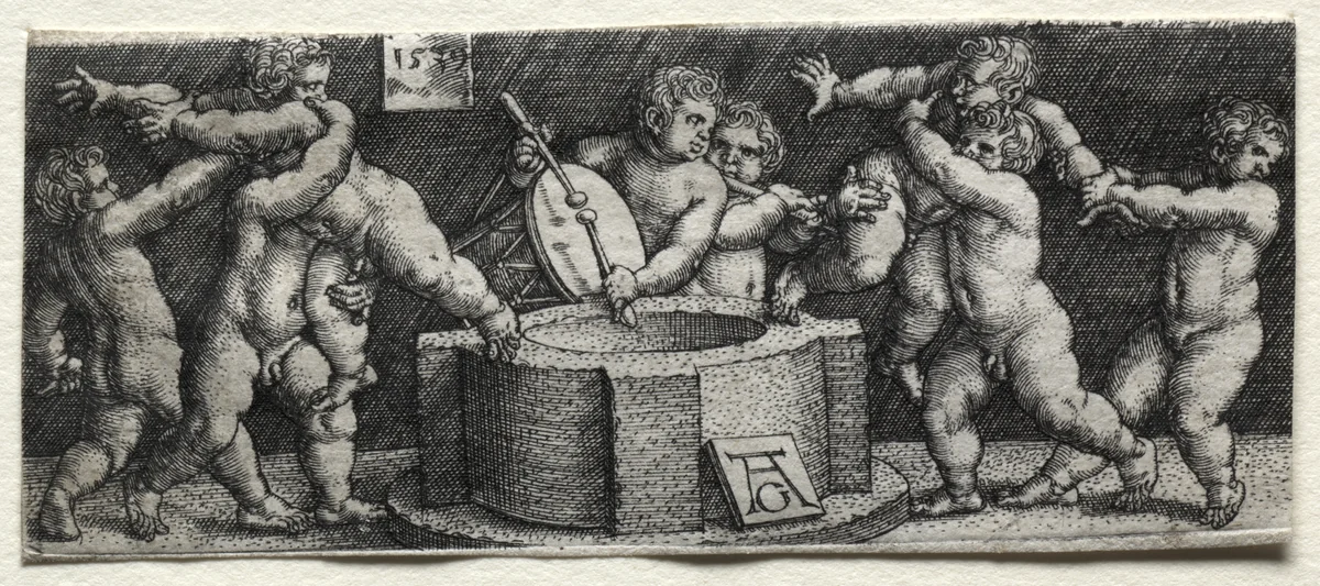 Eight Nude Children at a Well by Heinrich Aldegrever, print, 1539