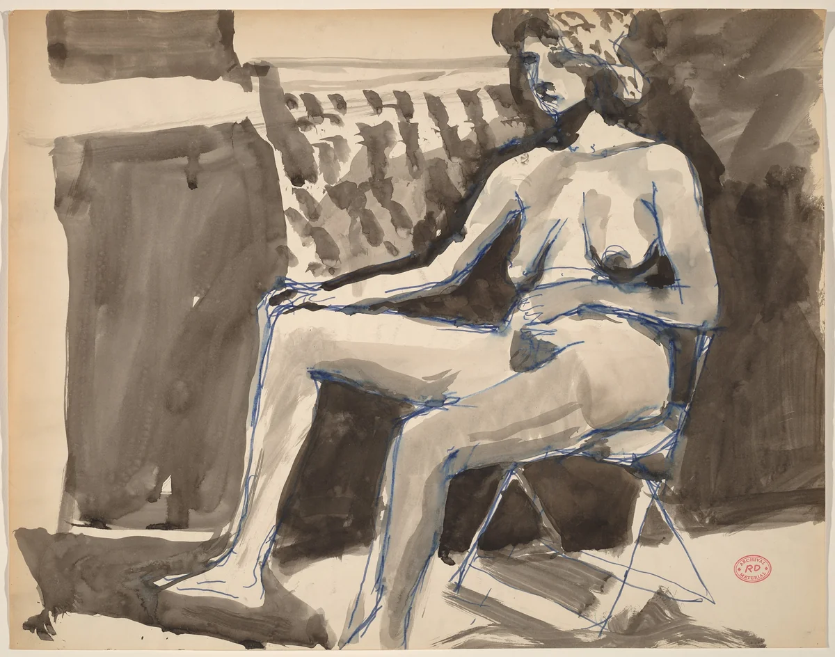 Untitled [female nude in a hat seated in a folding chair] by Richard Diebenkorn, drawing, 1955-1967