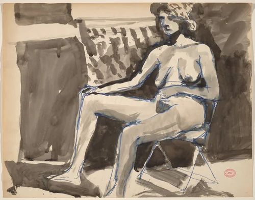 Untitled [female nude in a hat seated in a folding chair] by Richard Diebenkorn, drawing, 1955-1967
