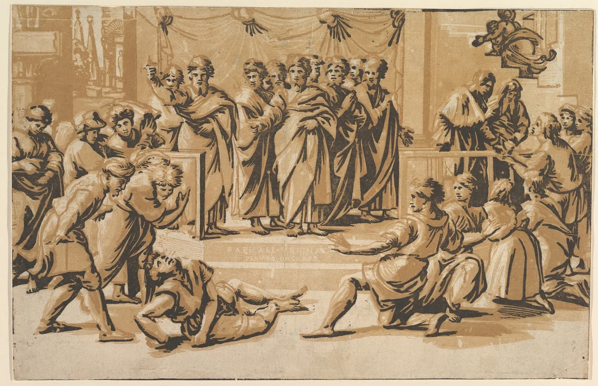 The death of Ananias, surrounded by Apostles by Ugo da Carpi, print, 1518