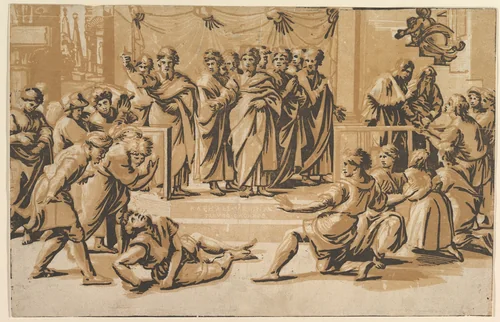 The death of Ananias, surrounded by Apostles by Ugo da Carpi, print, 1518