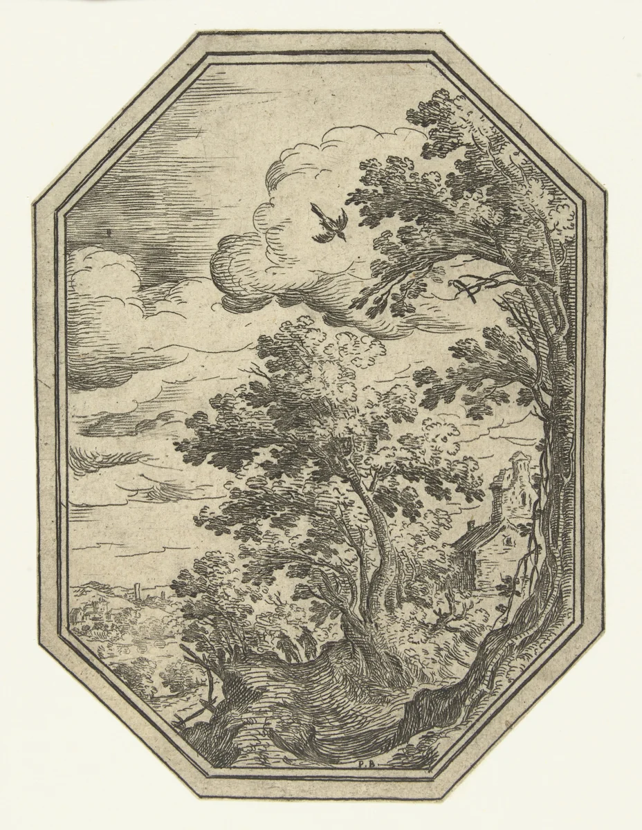 Landschap met pad tussen bomen in octagonaal kader by Unknown, print, 1582-1626