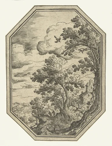 Landschap met pad tussen bomen in octagonaal kader by Unknown, print, 1582-1626