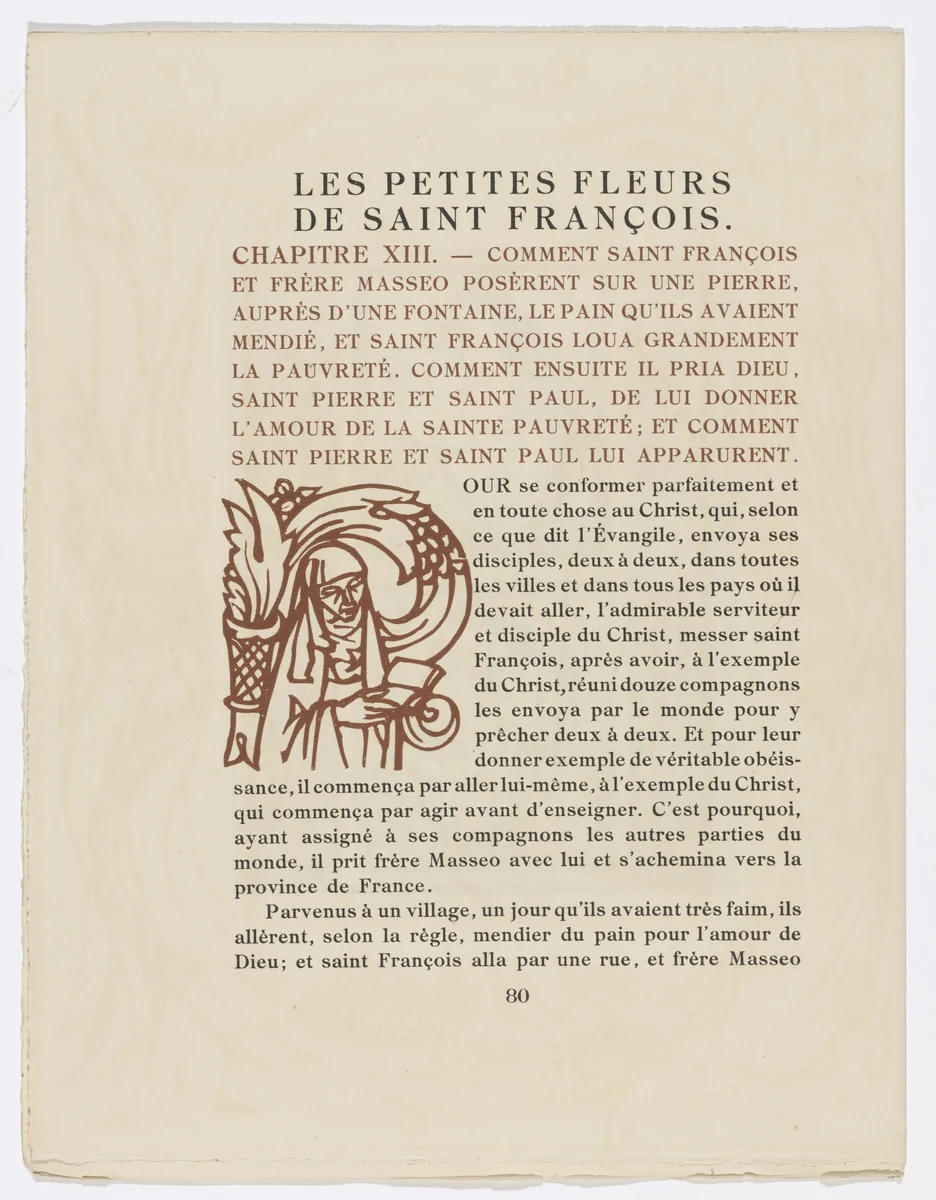 Pictorial initial (page 80) from Les Petites Fleurs de St. François (The Little Flowers of St. Francis) by Émile Bernard, illustrated book, 1928