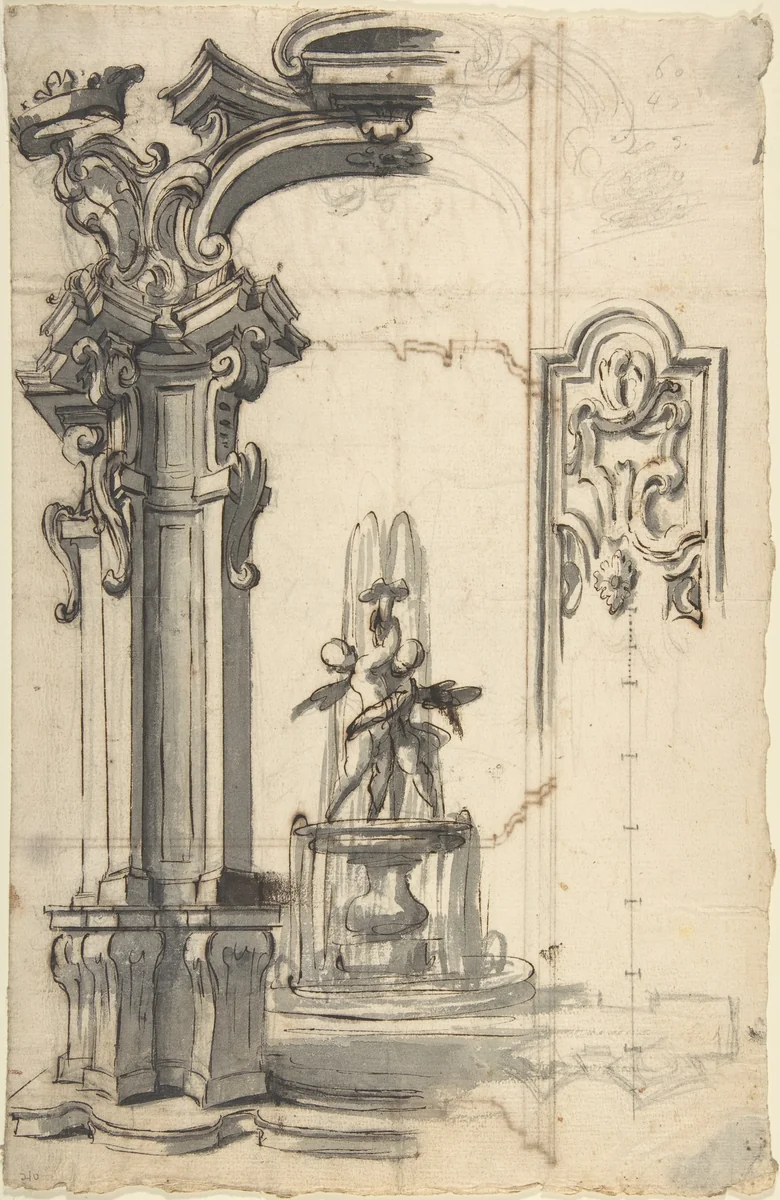 Design for an Arch Through Which Is Seen a Fountain with Two Putti (recto); Design for an Architectural Structure (verso) by anonymous, drawing, 1700-1780