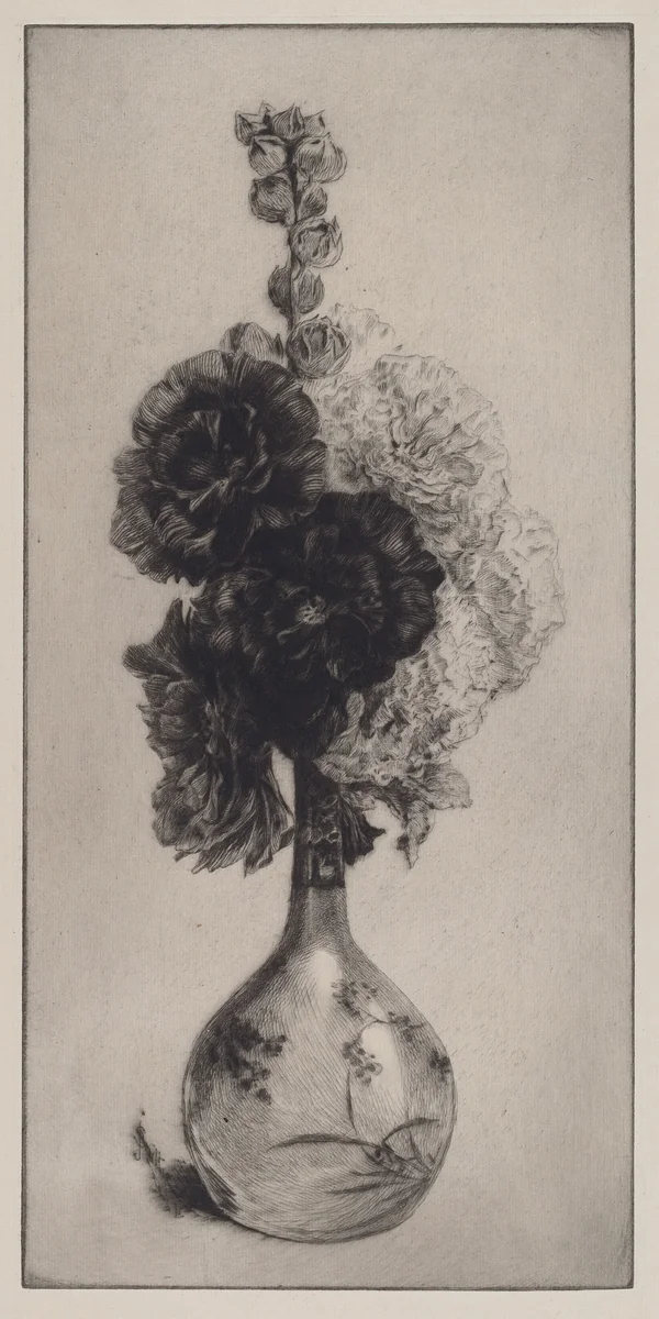 Hollyhocks in a Long-Necked Vase by James David Smillie, print, 1891