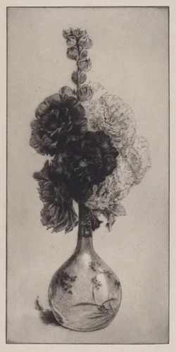 Hollyhocks in a Long-Necked Vase by James David Smillie, print, 1891