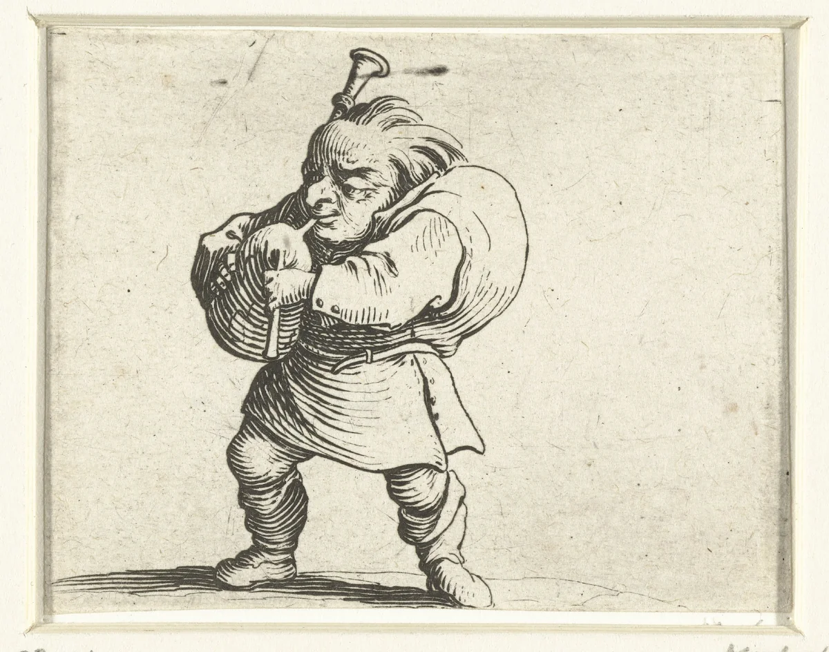 Kleine mens (karikatuur) met doedelzak by Jacques Callot, print, 1621-1625