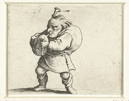 Kleine mens (karikatuur) met doedelzak by Jacques Callot, print, 1621-1625